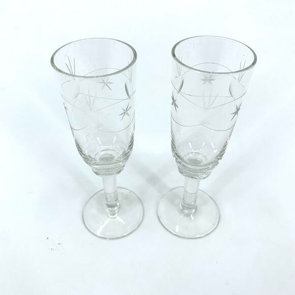 VTG MCM Set of 2 Apertif/Sherry/Port/Shot Glasses Starburst Etched Glass Retro - Picture 1 of 9